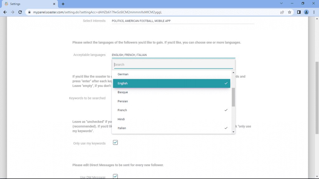 Select languages to find followers