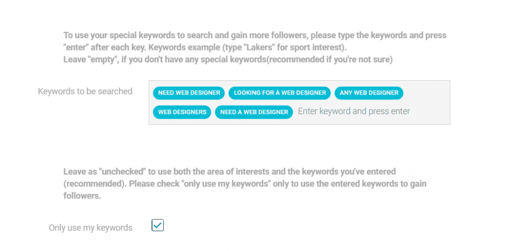 Type keywords to contact potential followers and customers