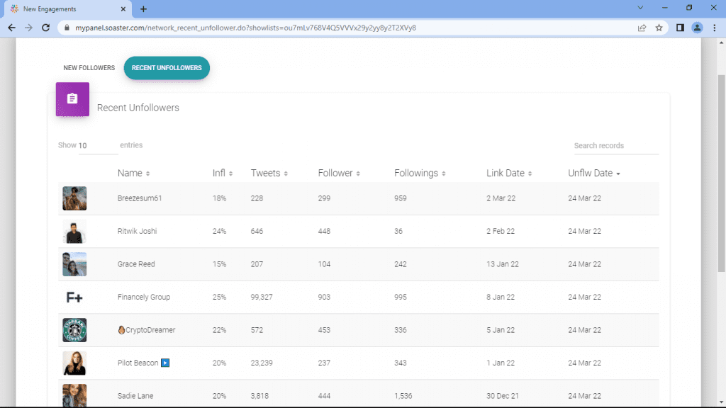 Track unfollowers with Soaster