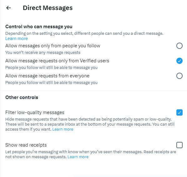 Updated Twitter DM Settings